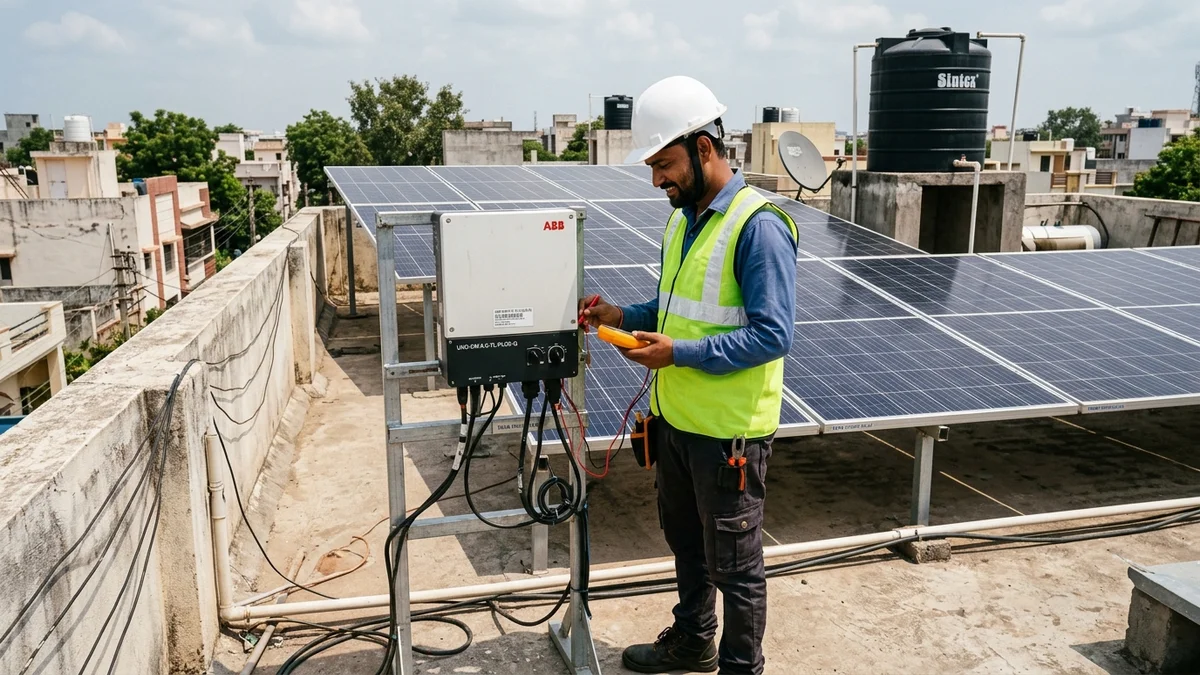 Certified Solar Engineer Inspecting Inverter on Raipur Rooftop